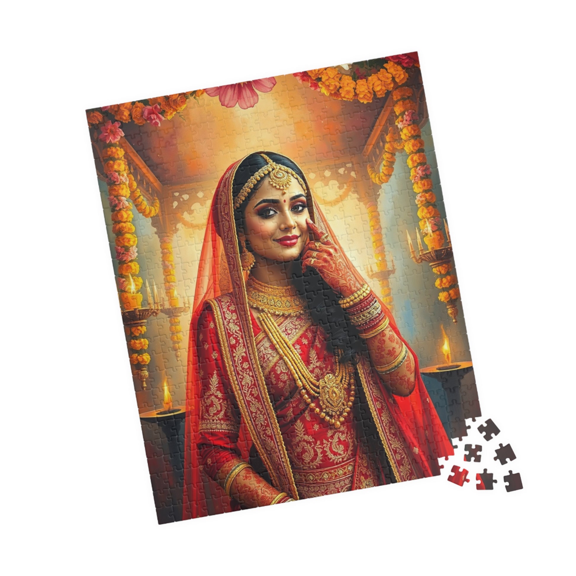 Puzzle, Indian Bride in Red and Gold Lehenga, Henna and Gold Jewelry, 520-Piece Jigsaw, Meditation, Relaxation, Mindfulness, Indian Wedding Puzzle The Puzzle Chest