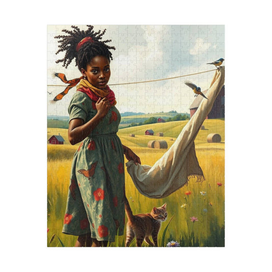The Laundress Jigsaw Puzzle – Black Woman Hanging Laundry with Cat, Afrocentric Art, African American Artwork Puzzle The Puzzle Chest