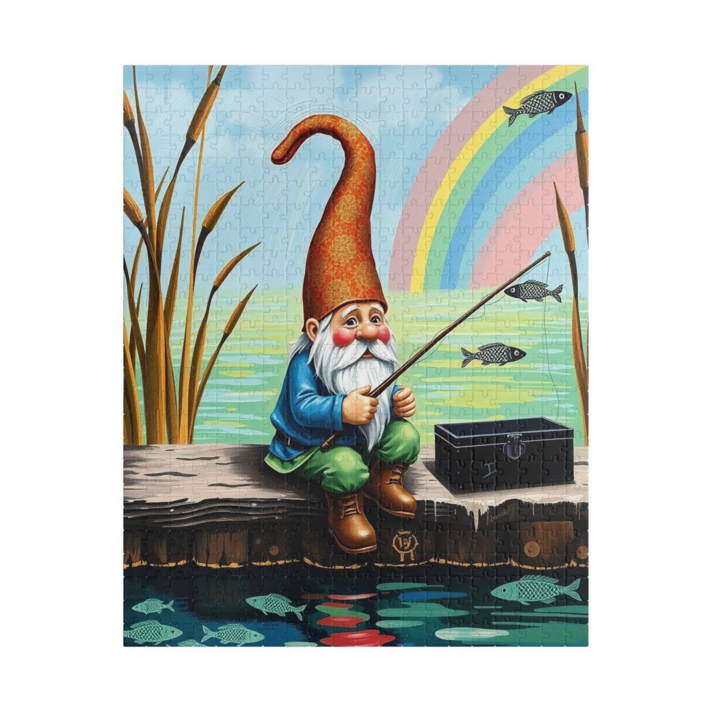 Gnome Fishing on Dock – Watercolor Dwarf Storybook Lakeside Jigsaw Puzzle Puzzle The Puzzle Chest