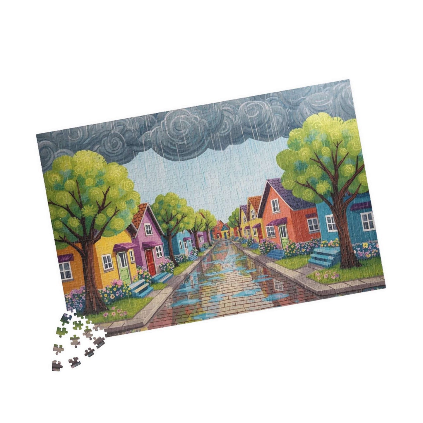 Bloomstreet in Spring Jigsaw Puzzle - Rainy Day In Town 1014 pcs (Horizontal) Puzzle The Puzzle Chest