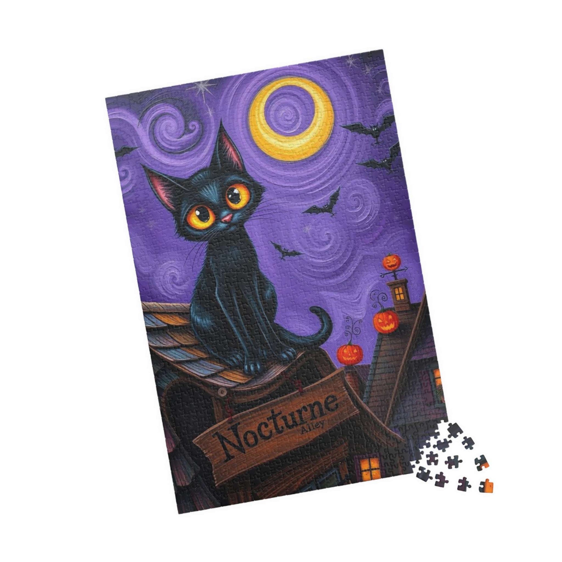 Crooked Rooftop Cat Jigsaw Puzzle, Halloween Black Cat 110, 252, 520, 1014-Piece, Spooky Moon Design, Game Night Activity, Family Fun