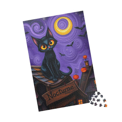 Crooked Rooftop Cat Jigsaw Puzzle, Halloween Black Cat 110, 252, 520, 1014-Piece, Spooky Moon Design, Game Night Activity, Family Fun