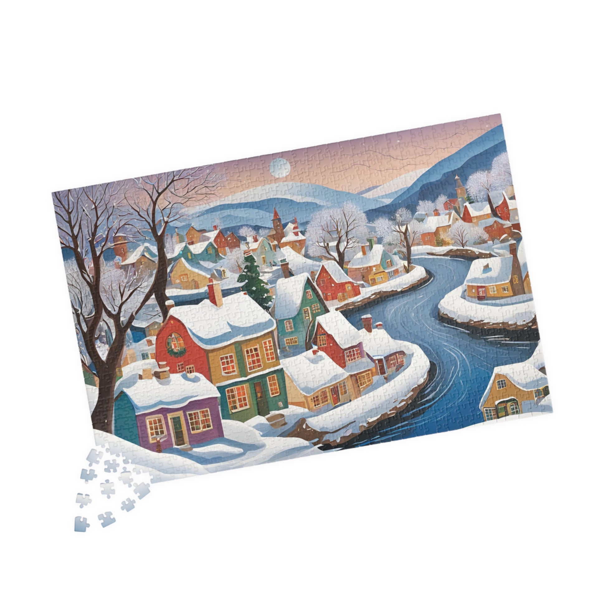 Charming Village Winter Scene Puzzle, Snowy River Landscape Jigsaw Game, 110 252 520 1014-Pieces, Adult Family Fun Activity The Puzzle Chest