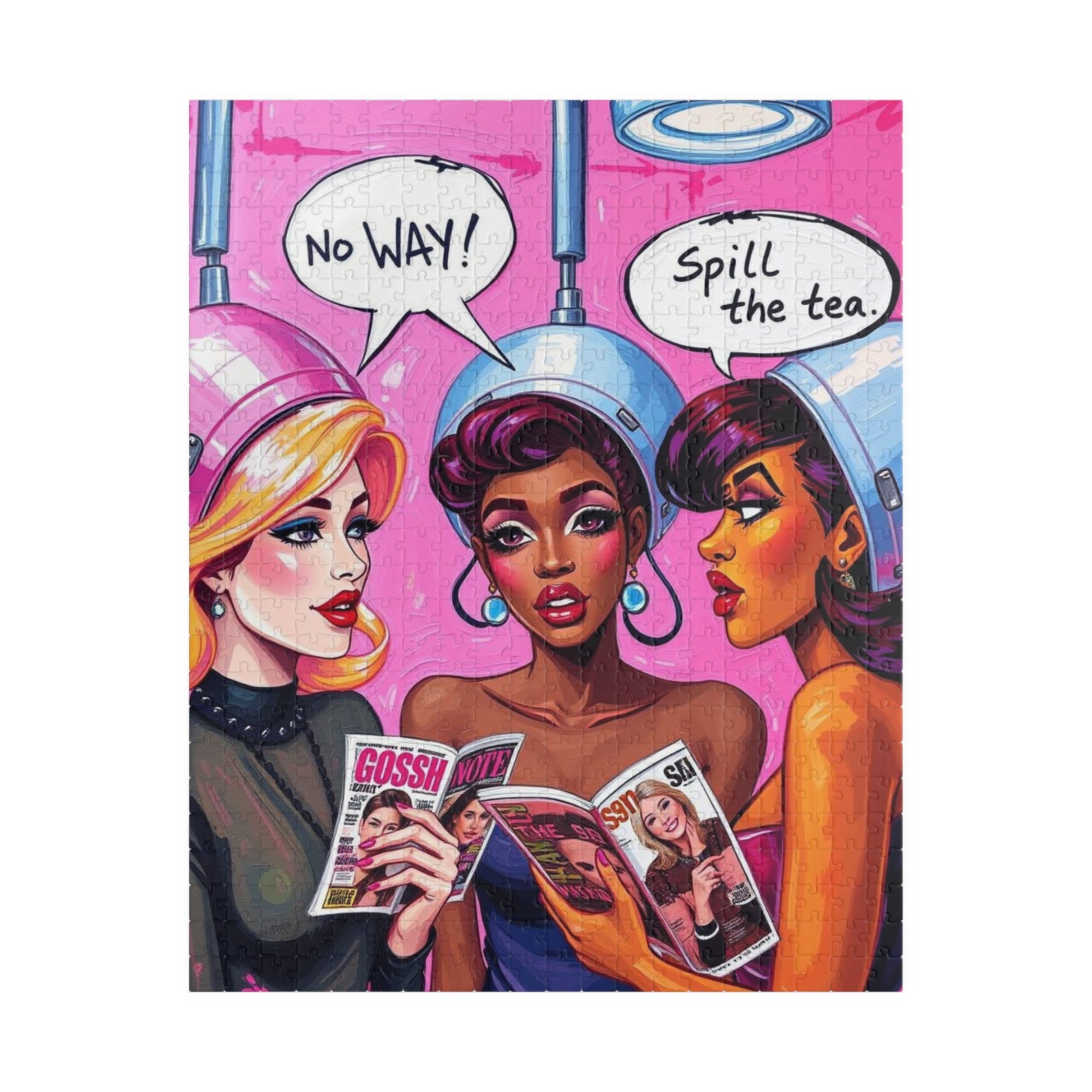 Pink Hair Salon Puzzle, Pop Art Jigsaw Game with Speech Bubbles, No WAY, Spill The Tea, Mind Challenge, Creative Activity, Family Fun 520 pcs (Vertical) Puzzle The Puzzle Chest