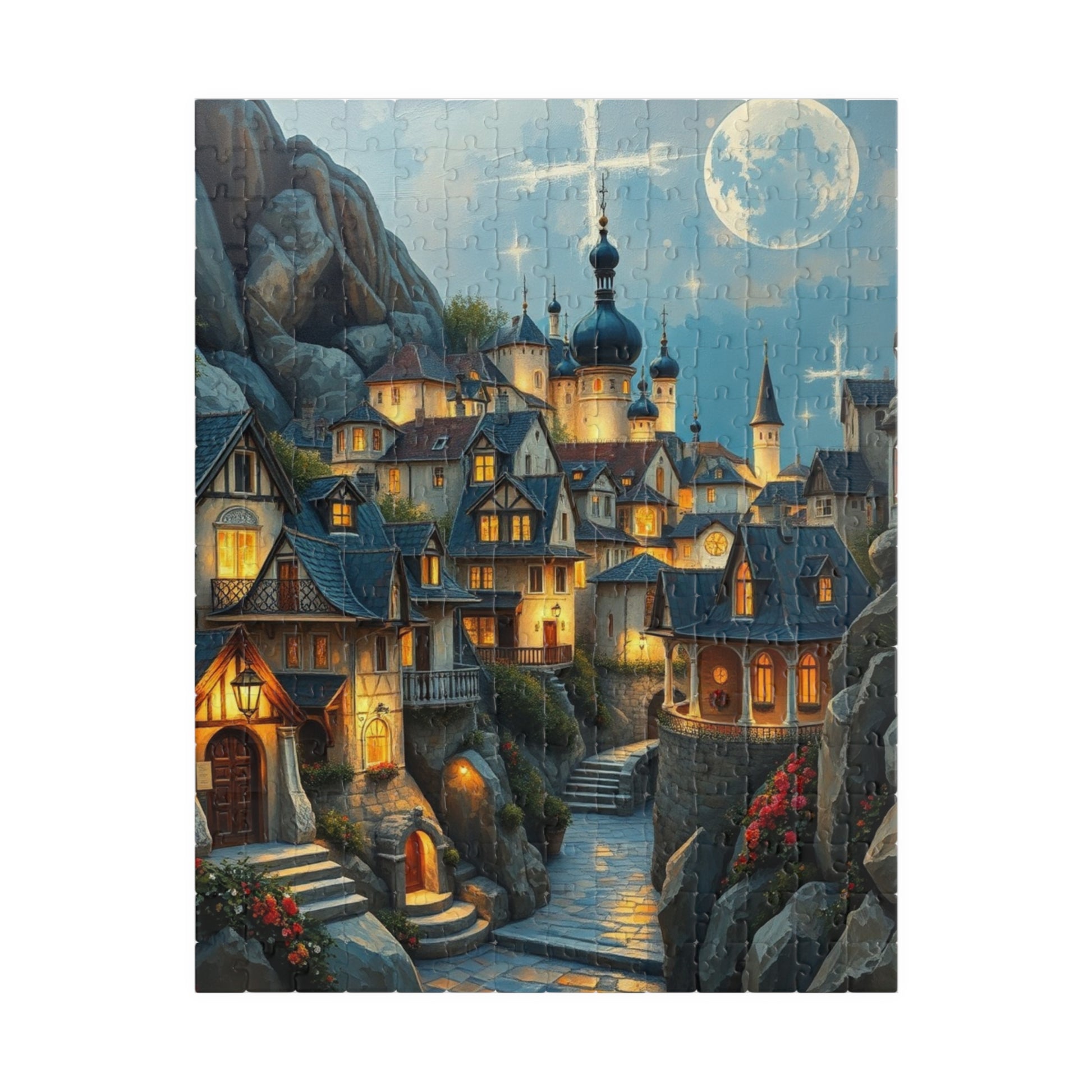 Mountain Village Puzzle, Elegant Moonlite Town Adult Jigsaw Game, Relaxing Indoor Hobby, Solo Activity, Family Fun, Holiday Birthday Gift 252 pcs (Vertical) The Puzzle Chest