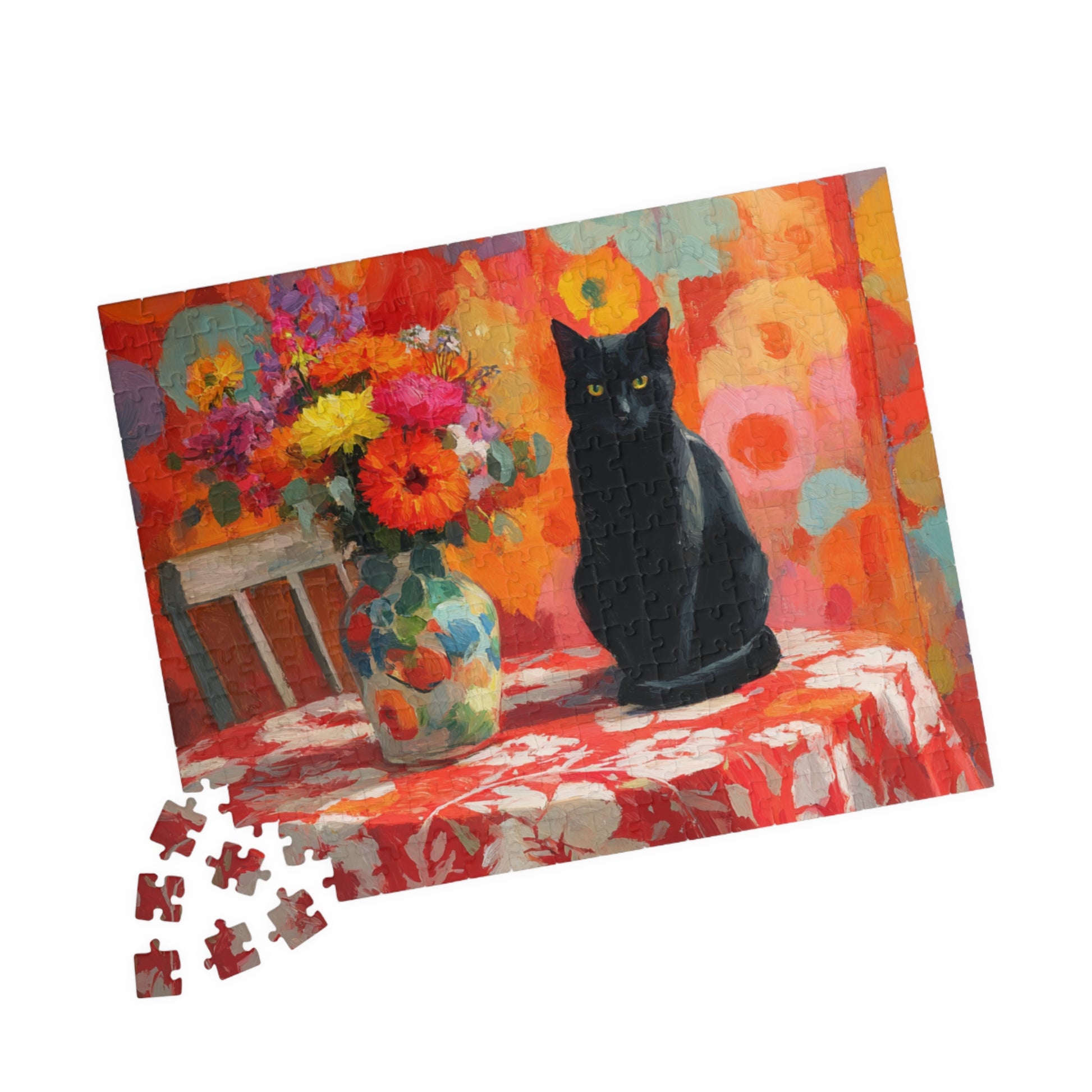 Cat and the Flowered Tablecloth – Fauvist Black Cat Jigsaw Puzzle, Animal Theme Art Puzzle, Matisse-Inspired 252 pcs (Horizontal) Puzzle The Puzzle Chest