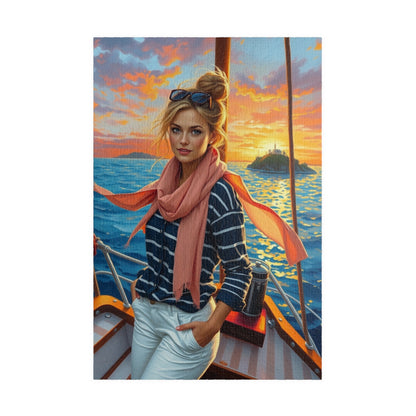 Jigsaw Puzzle, Woman on Sailboat Bow, 110 252 520 1014 Piece, Navy Striped Shirt, White Pants, Blonde Hair, Messy Bun, Fair-skinned Lady, 1014 pcs (Vertical) Puzzle The Puzzle Chest