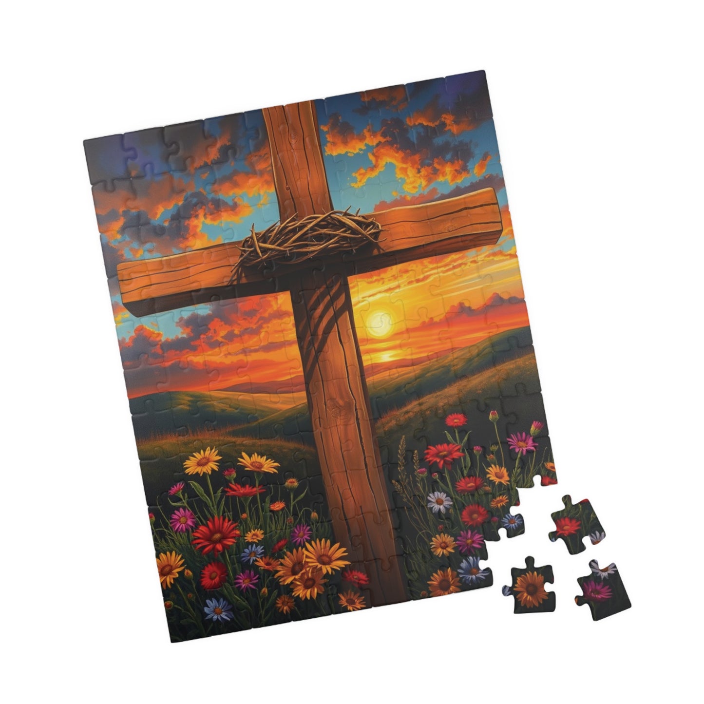 Crown of Thorns Cross Puzzle, Sunset Scene with Symbolic Christian Art, Religious Faith-Based Jigsaw Game, Inspirational Puzzle Lover Gift