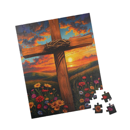 Crown of Thorns Cross Puzzle, Sunset Scene with Symbolic Christian Art, Religious Faith-Based Jigsaw Game, Inspirational Puzzle Lover Gift