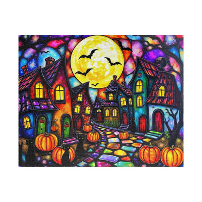 Spooky Night Village Jigsaw Puzzle, Halloween Themed Black Cat Puzzle Stained Glass Style