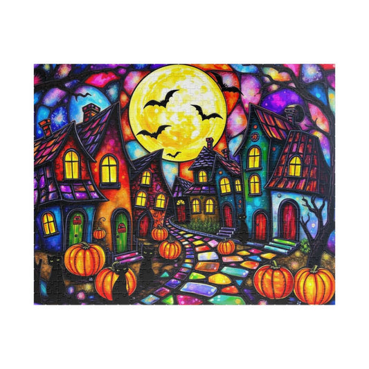 Spooky Night Village Jigsaw Puzzle, Halloween Themed Black Cat Puzzle Stained Glass Style