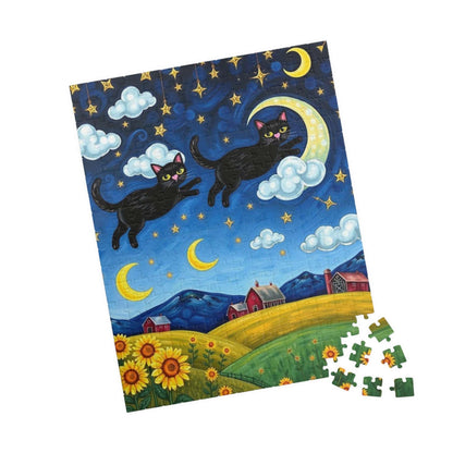 Starry Cat Chase Jigsaw Puzzle - Black Cats and Sunflowers, 110-1014 Piece Whimsical Cat Lover Gift, Brain Teaser Game, Indoor Hobby, Family