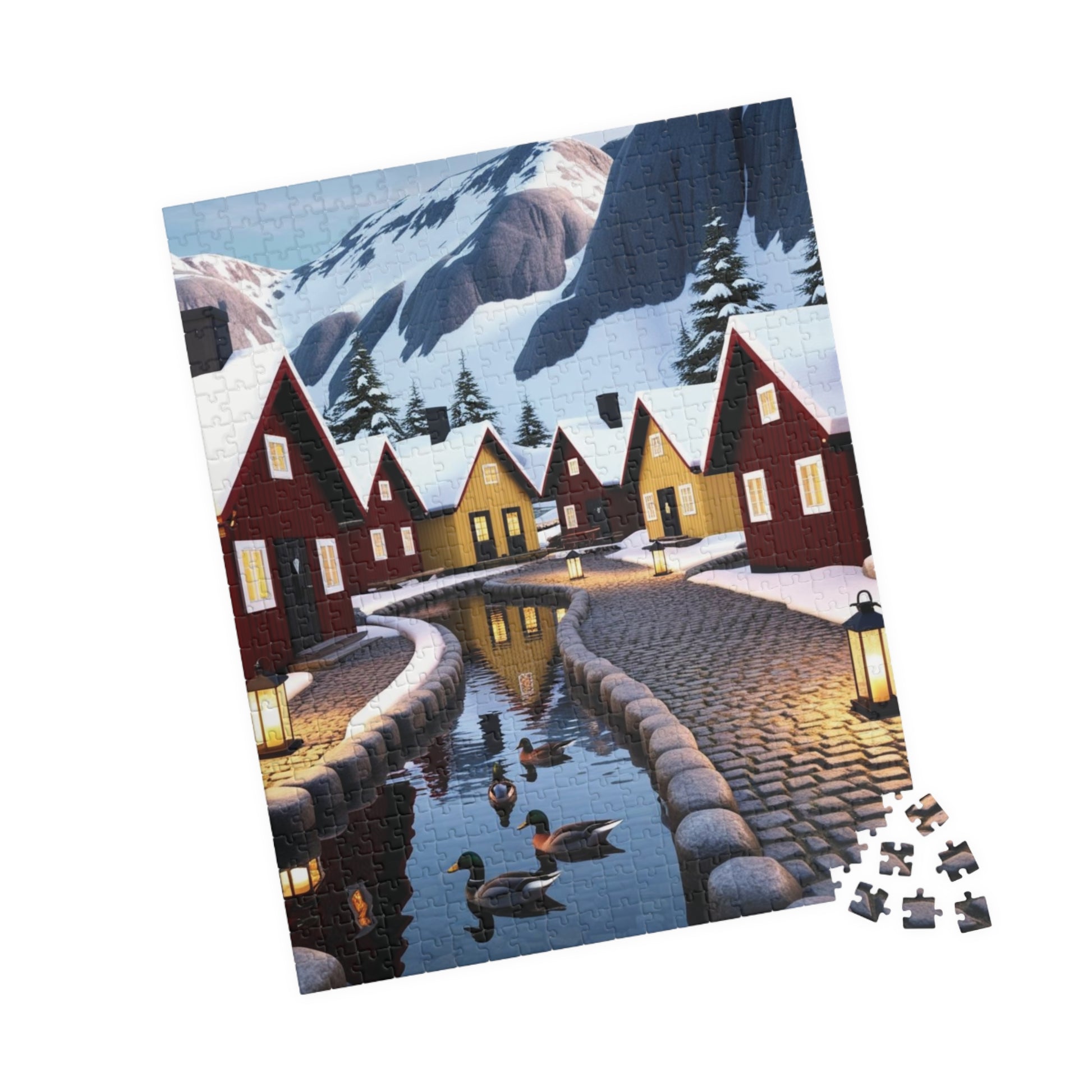 Nordic Village Jigsaw Puzzle - Winter Scene, Snowy Peaks, Red Yellow Cottages, Fun Family Activity, Christmas Holiday The Puzzle Chest