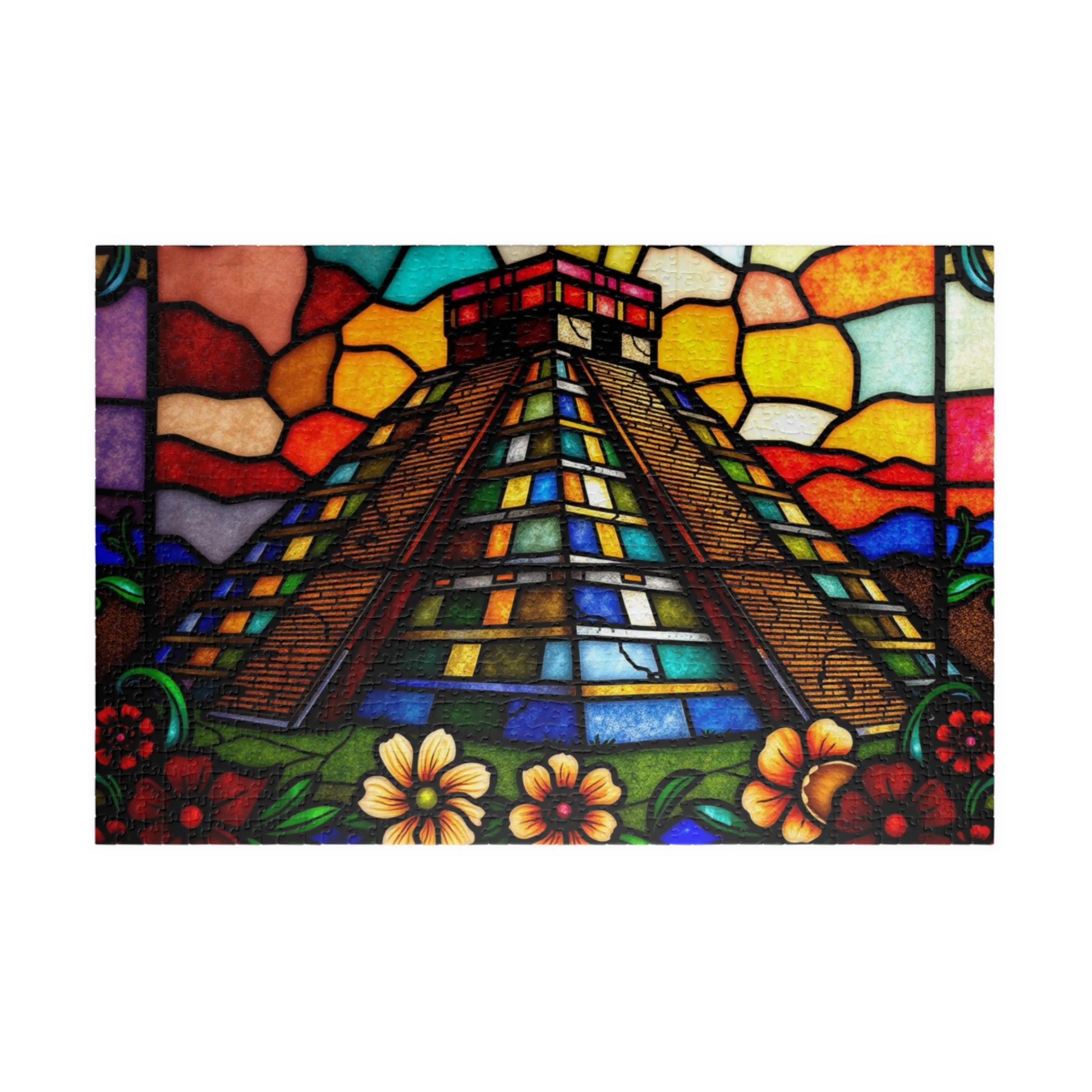 Stained Glass Chichen Itza Pyramid Jigsaw Puzzle, Historic Mayan Famous Landmark, Travel-Inspired Frameable Art Giftable Puzzle 1014 pcs (Horizontal) Puzzle The Puzzle Chest