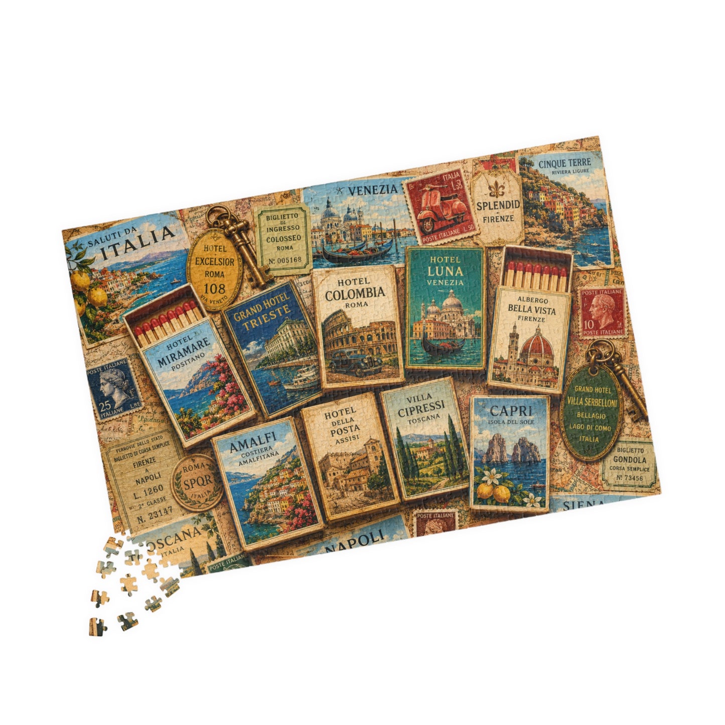 Italy Matchbook Puzzle | Italian Travel Memorabilia Jigsaw | Mediterranean Landmark European Vacation Nostalgia 1014 pcs (Horizontal) Puzzle The Puzzle Chest