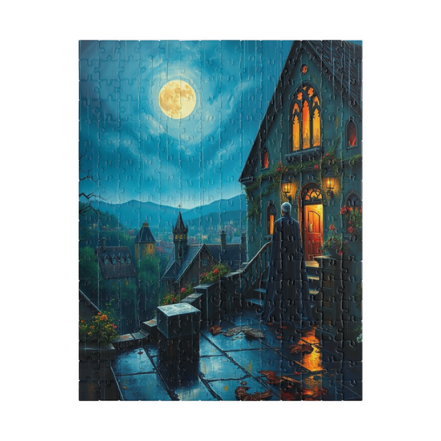 Gothic Vampire Puzzle, Rainy Night Manor Overlooking a Moonlit Village, Dark Fantasy Jigsaw Game, Gift for Lovers of Supernatural Lore 252 pcs (Vertical) Puzzle The Puzzle Chest