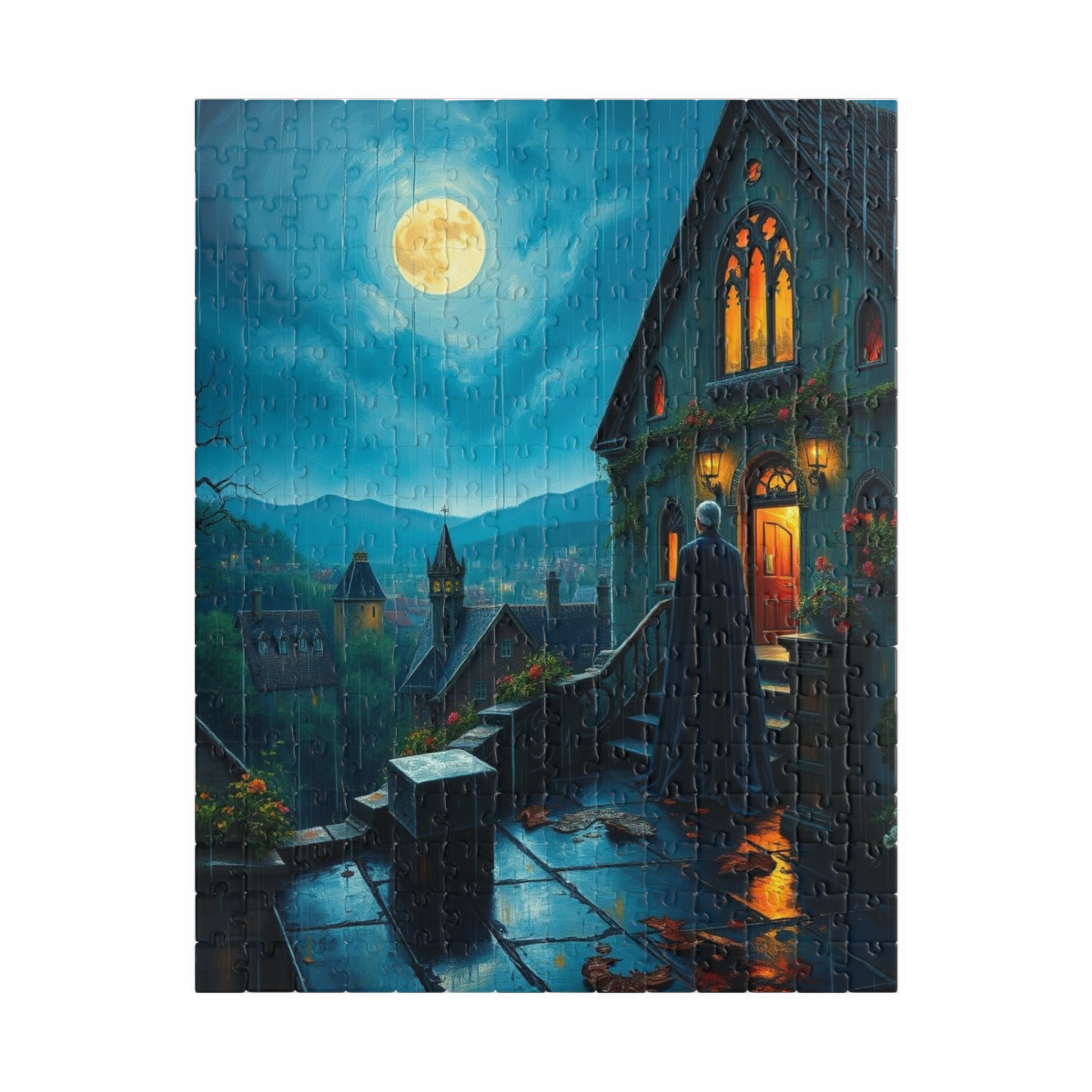 Gothic Vampire Puzzle, Rainy Night Manor Overlooking a Moonlit Village, Dark Fantasy Jigsaw Game, Gift for Lovers of Supernatural Lore 252 pcs (Vertical) Puzzle The Puzzle Chest