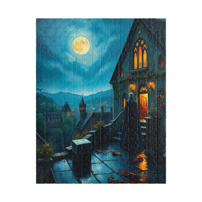 Gothic Vampire Puzzle, Rainy Night Manor Overlooking a Moonlit Village, Dark Fantasy Jigsaw Game, Gift for Lovers of Supernatural Lore 252 pcs (Vertical) Puzzle The Puzzle Chest