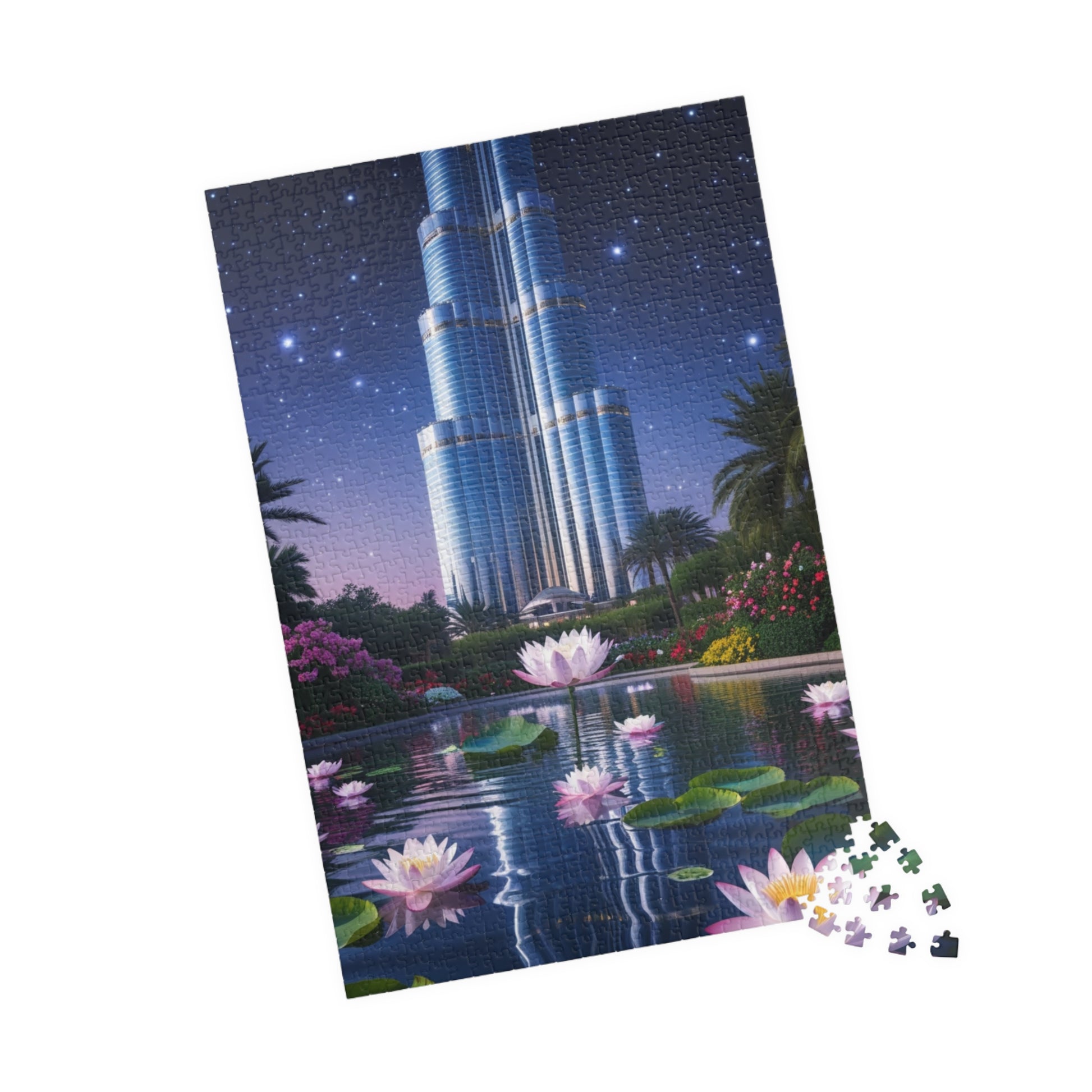 Burj Khalifa Reflections Jigsaw Puzzle, Dubai Skyline Lotus Water Lily Night Garden Landscape, Best Gift for Traveler Art Lover, Hobbyist Puzzle The Puzzle Chest