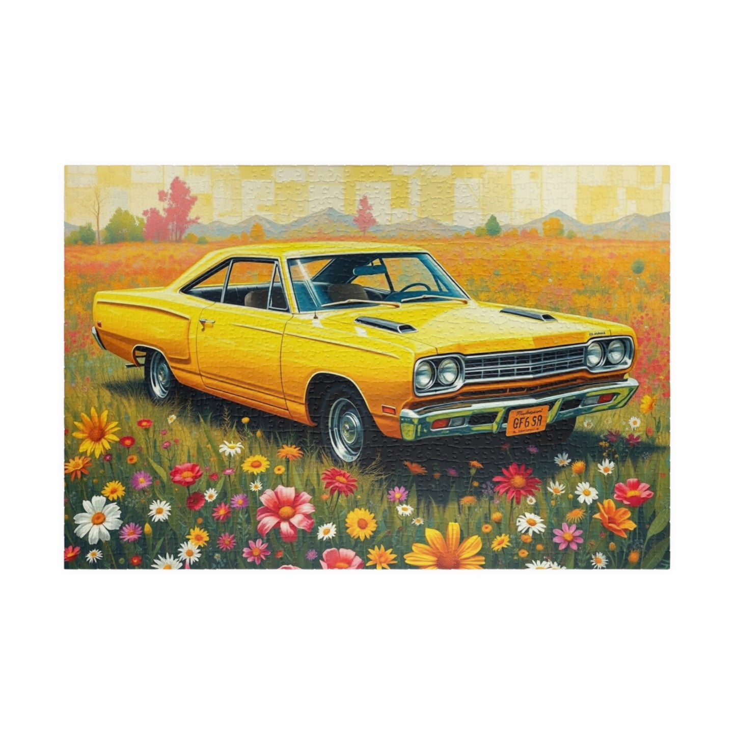 Vintage Car Puzzle Classic Yellow 1969 Plymouth Road Runner, Nostalgic Auto Jigsaw Game for Adults, Gift for Car Lover, Family Game Night