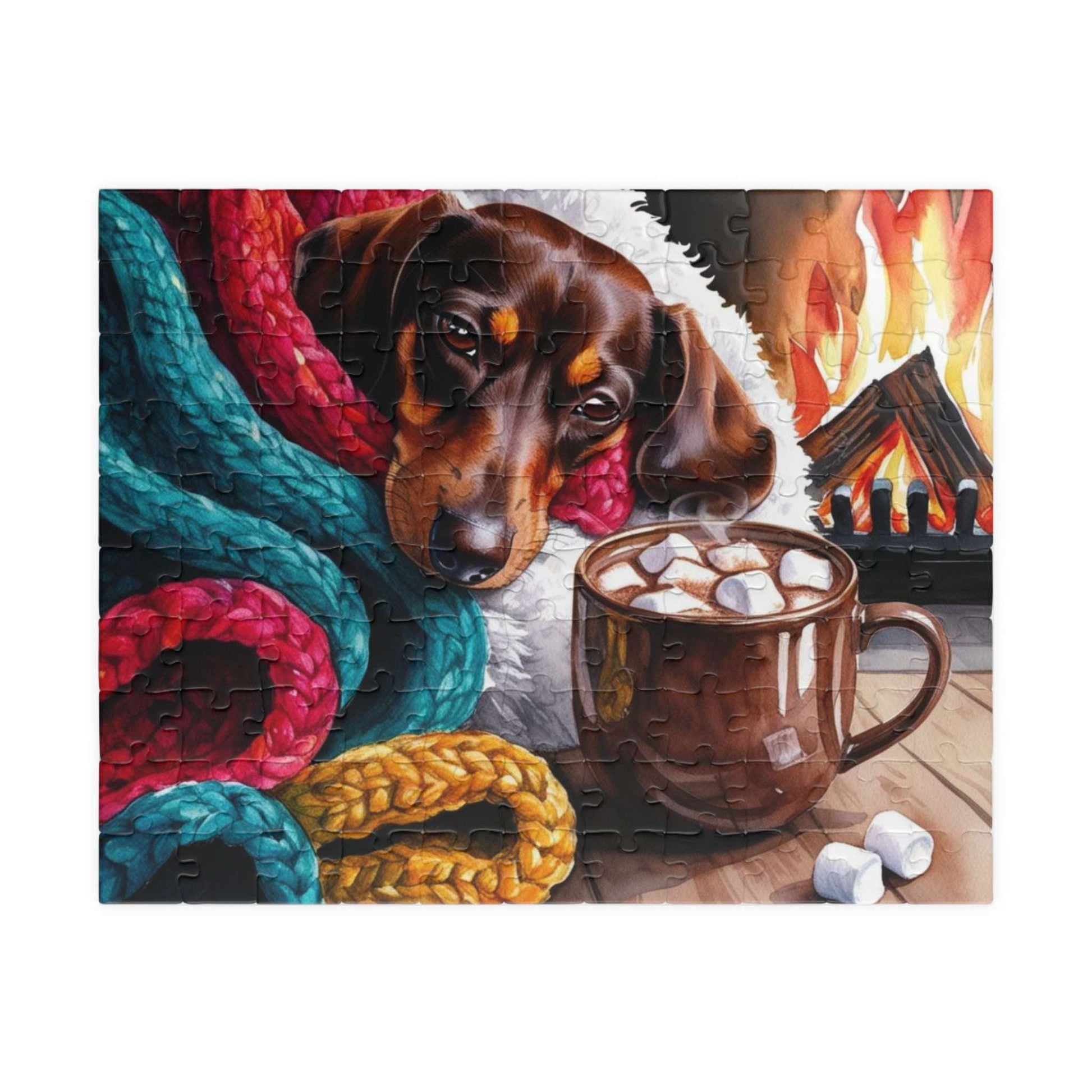 Cozy Winter Dachshund Puzzle - Dog by Fireplace Jigsaw Game, Holiday Family Fun, Mindful Gift for Animal Lovers, Indoor Activity 110 pcs (Horizontal) Puzzle The Puzzle Chest