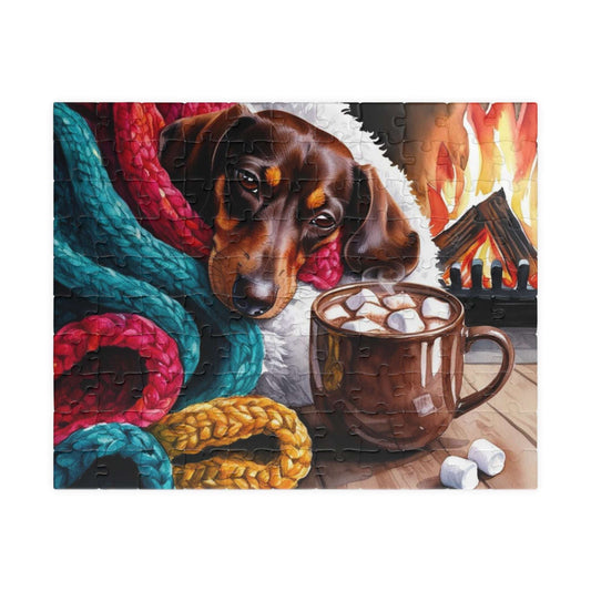 Cozy Winter Dachshund Puzzle - Dog by Fireplace Jigsaw Game, Holiday Family Fun, Mindful Gift for Animal Lovers, Indoor Activity 110 pcs (Horizontal) Puzzle The Puzzle Chest