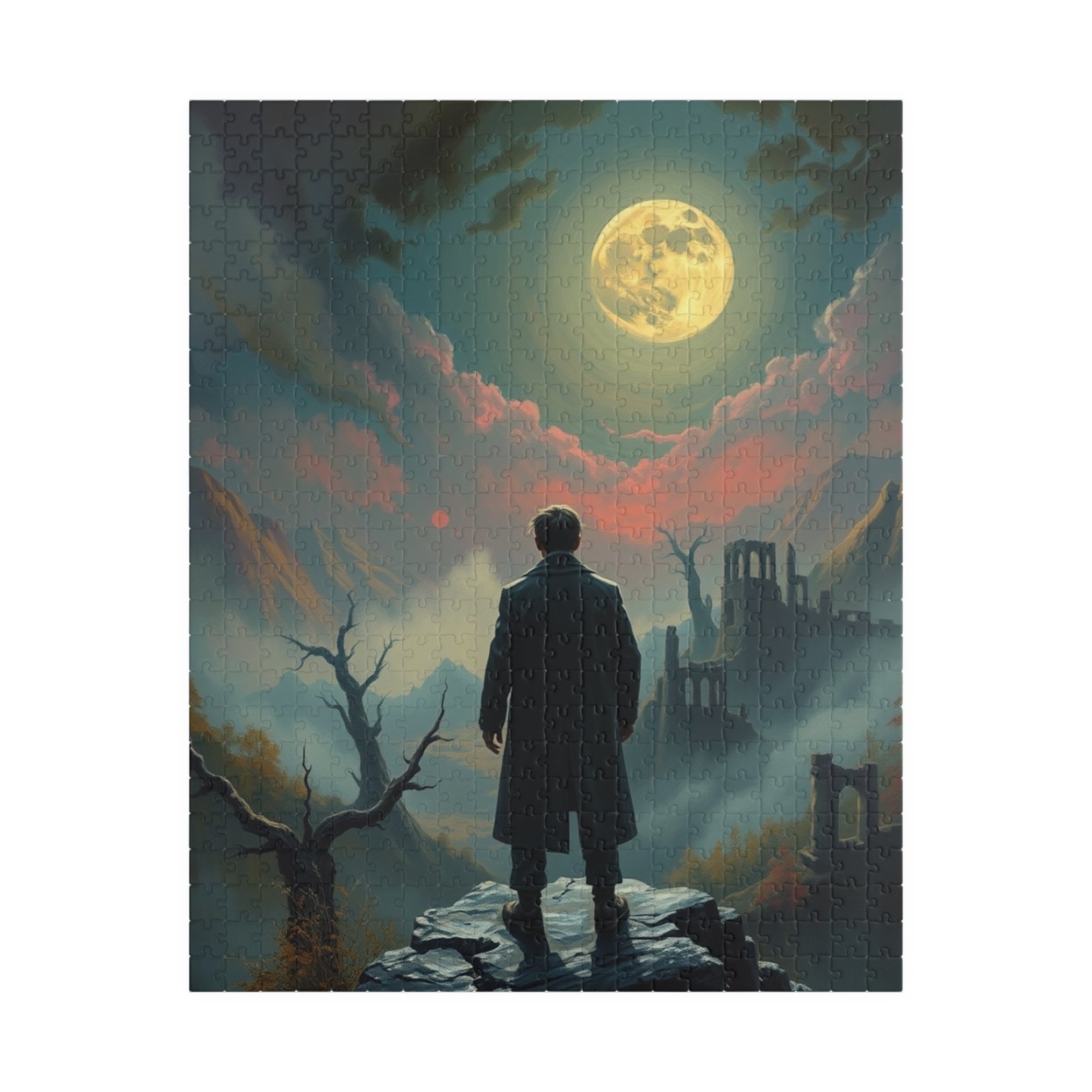 Mystical Moonlight Puzzle, Lone Traveler Overlooking Valley of Ruins, Gothic Art Jigsaw Game, Puzzle Lover Gift, Family Activity Solo Fun 520 pcs (Vertical) Puzzle The Puzzle Chest