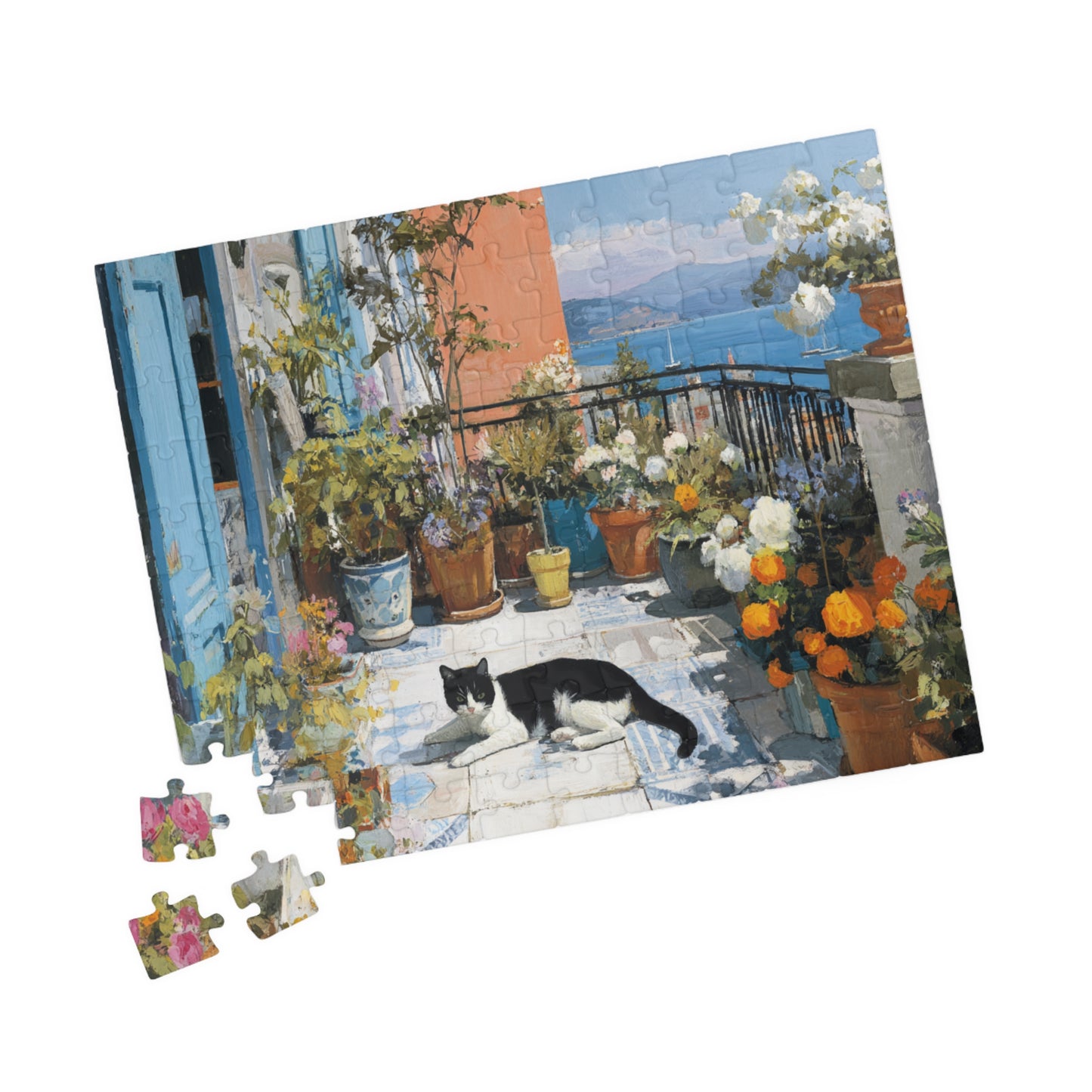 Cat on the Flower Balcony – Seaside Fauvist Jigsaw Puzzle, Animal Theme Kitten Puzzle 110 pcs (Horizontal) Puzzle The Puzzle Chest