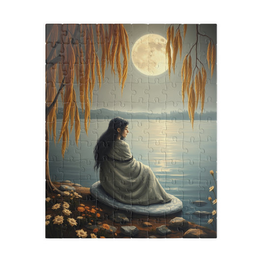 Mythical Jigsaw Puzzle, Moonlit Lake with Selkie, 110/252/520/1014-piece, Willow Trees, Flowers, Sealskin Cloak, Gift for Fantasy Lover