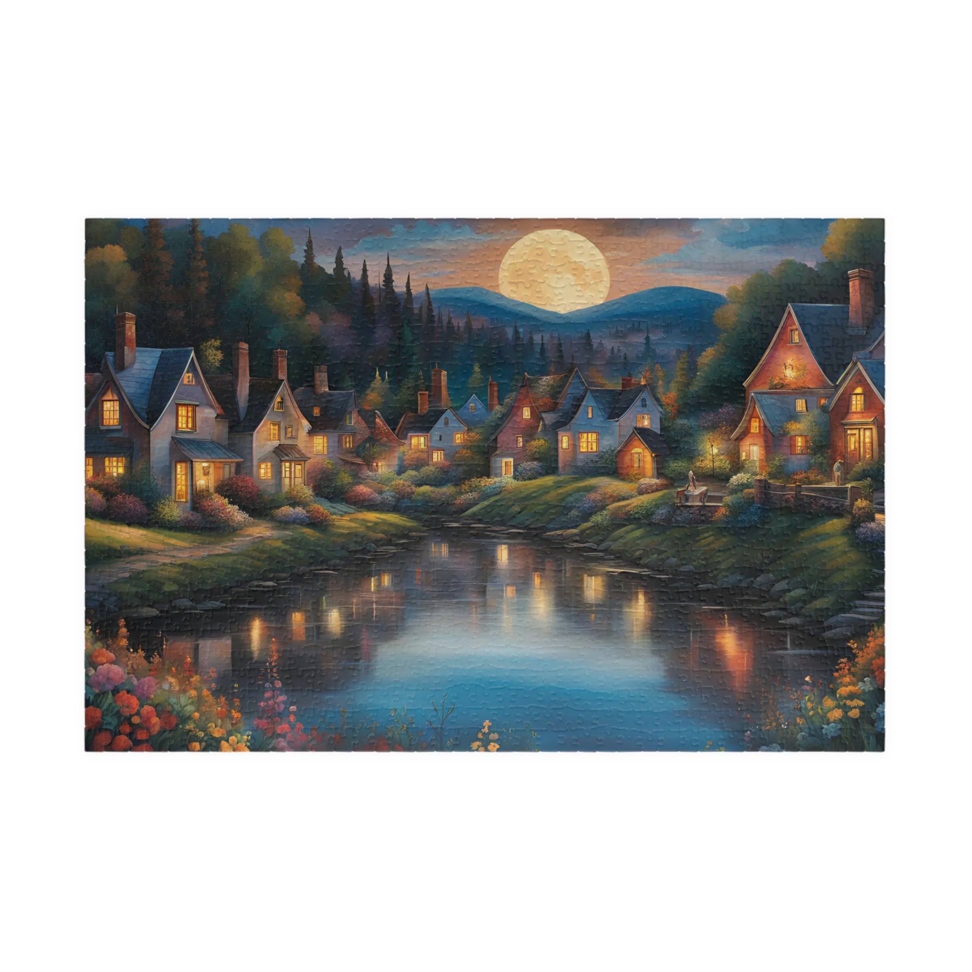 Nighttime Village Landscape Puzzle Gifted, Serene River, Moonlit Backdrop, 520 pcs, Adult, Relaxing Activity, Jigsaw Game, Holiday Present 1014 pcs (Horizontal) The Puzzle Chest