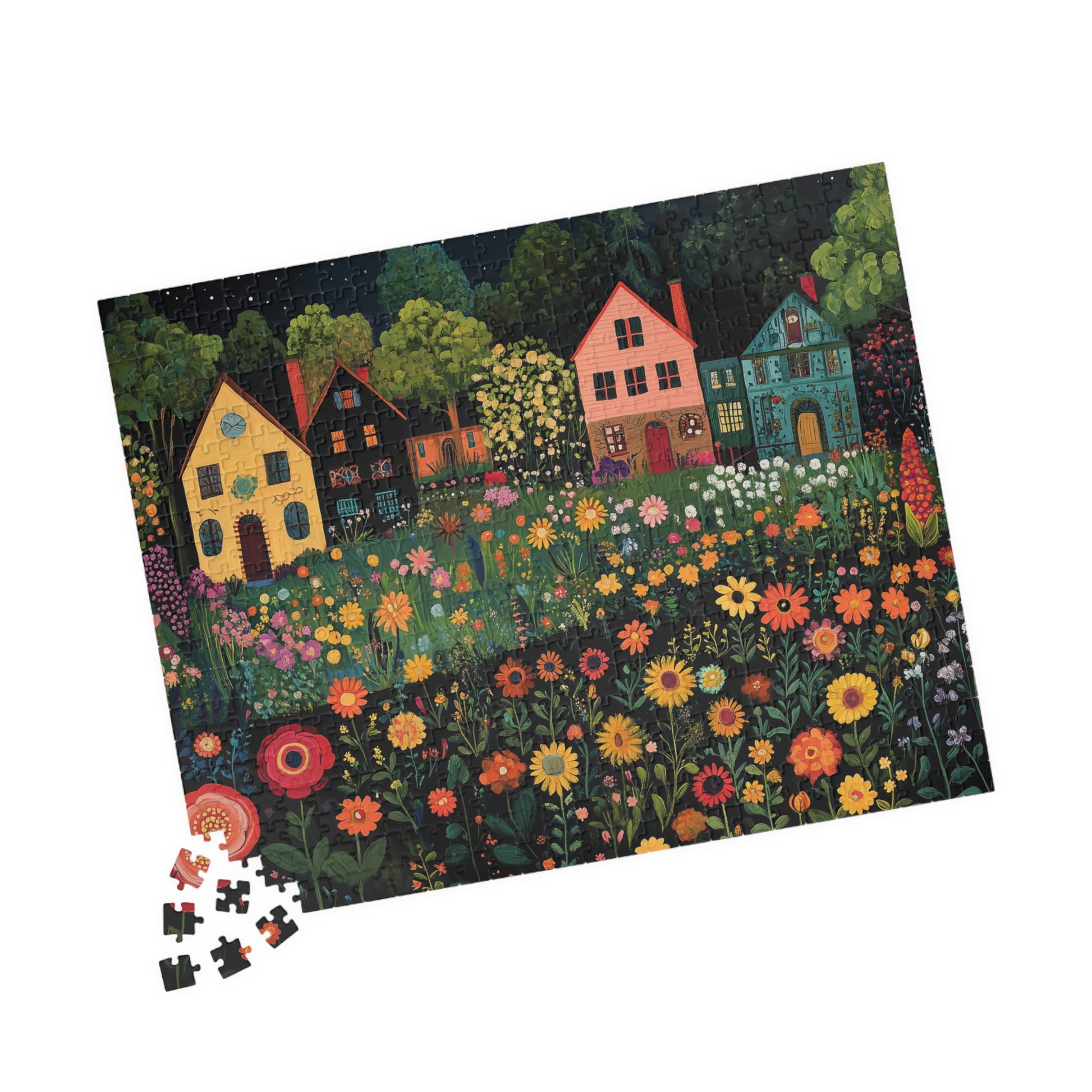 Whimsical Floral Village Jigsaw Puzzle - Moonlit Cottage Scene 520 pcs (Horizontal) Puzzle The Puzzle Chest