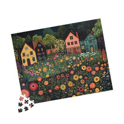 Whimsical Floral Village Jigsaw Puzzle - Moonlit Cottage Scene 520 pcs (Horizontal) Puzzle The Puzzle Chest