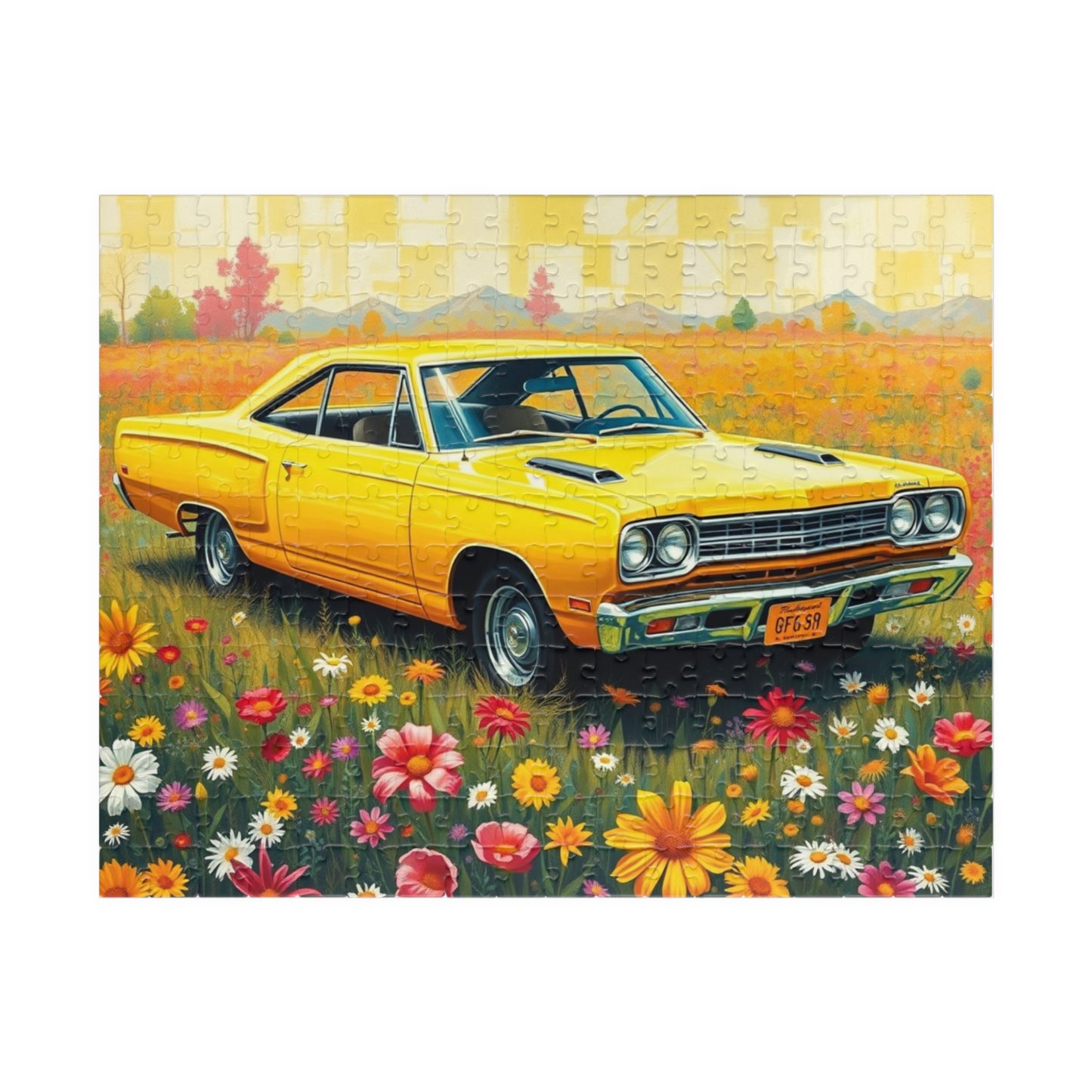 Vintage Car Puzzle Classic Yellow 1969 Plymouth Road Runner, Nostalgic Auto Jigsaw Game for Adults, Gift for Car Lover, Family Game Night