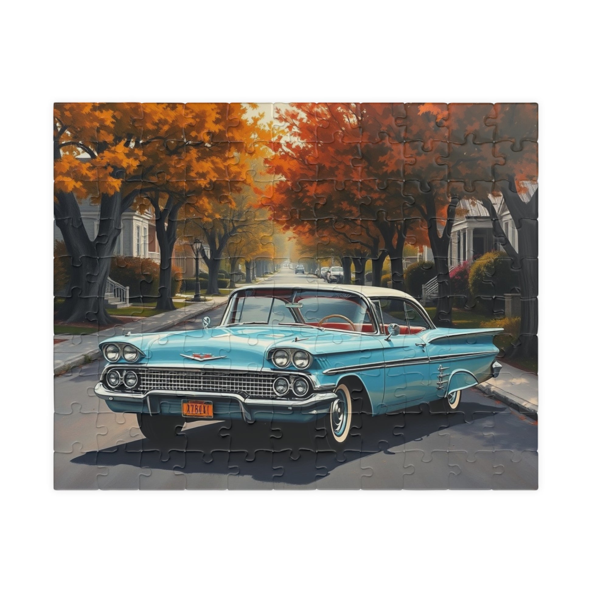 Vintage Car Jigsaw Puzzle, Classic 1958 Impala, Retro 1950s Flower-Lined Neighborhood Scene 110 pcs (Horizontal) Puzzle The Puzzle Chest