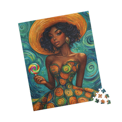 Afrocentric Woman in Swirl Dress Puzzle | Black Woman Jigsaw Game