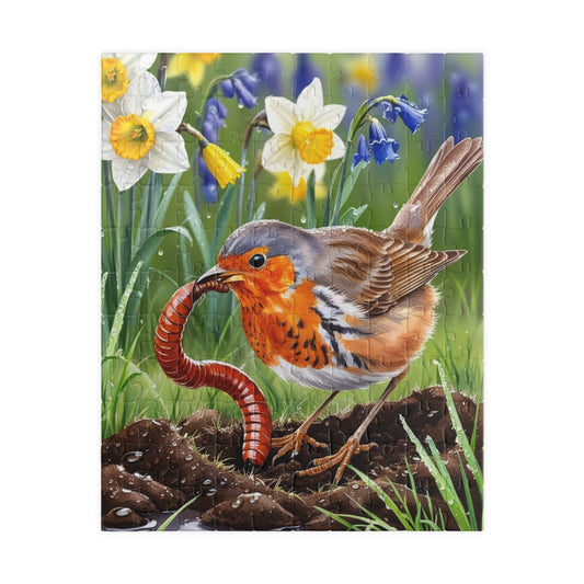 Robin and Worm Puzzle, Bird Spring Scene Flower Background Animal Jigsaw Game, 520-Piece Fun Family Activity, Gift Idea for Nature Lovers 110 pcs (Vertical) Puzzle The Puzzle Chest