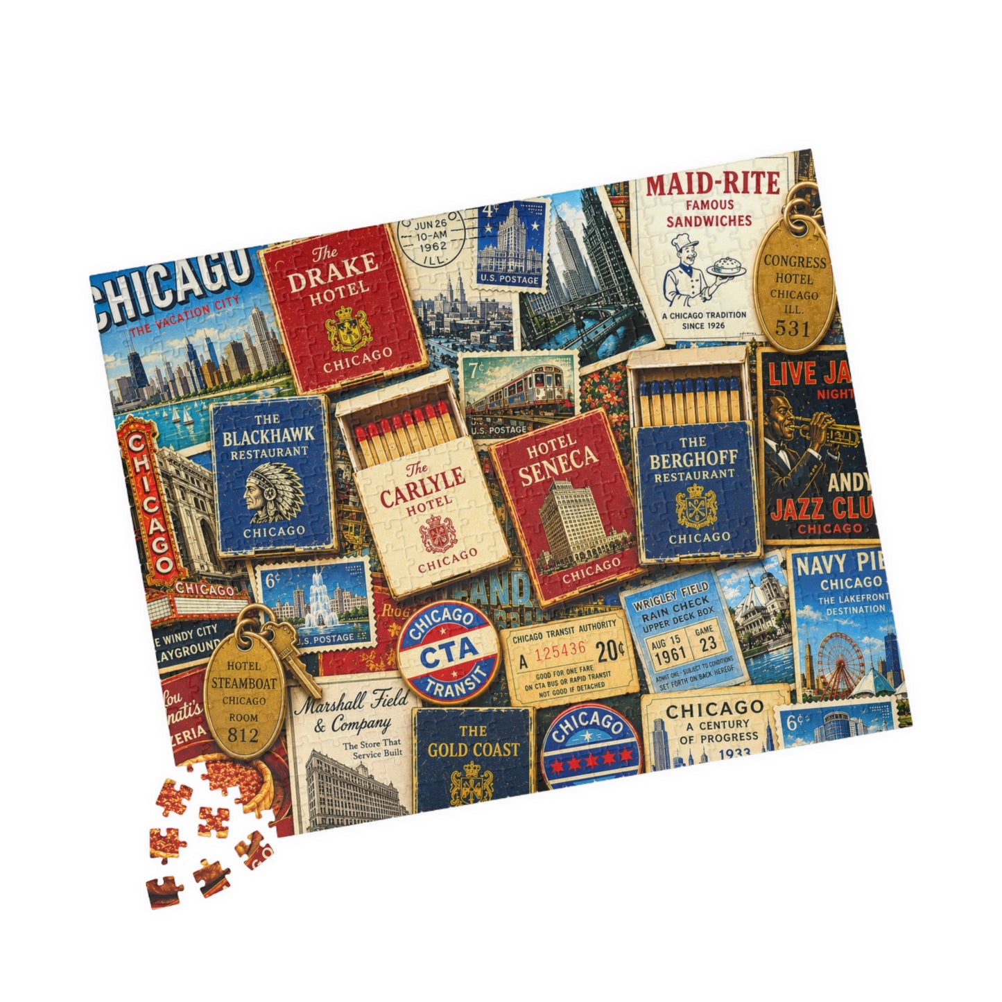 Vintage Chicago Matchbook Puzzle | Windy City Memorabilia Jigsaw | Historic Landmark Retro Midwest Nostalgia