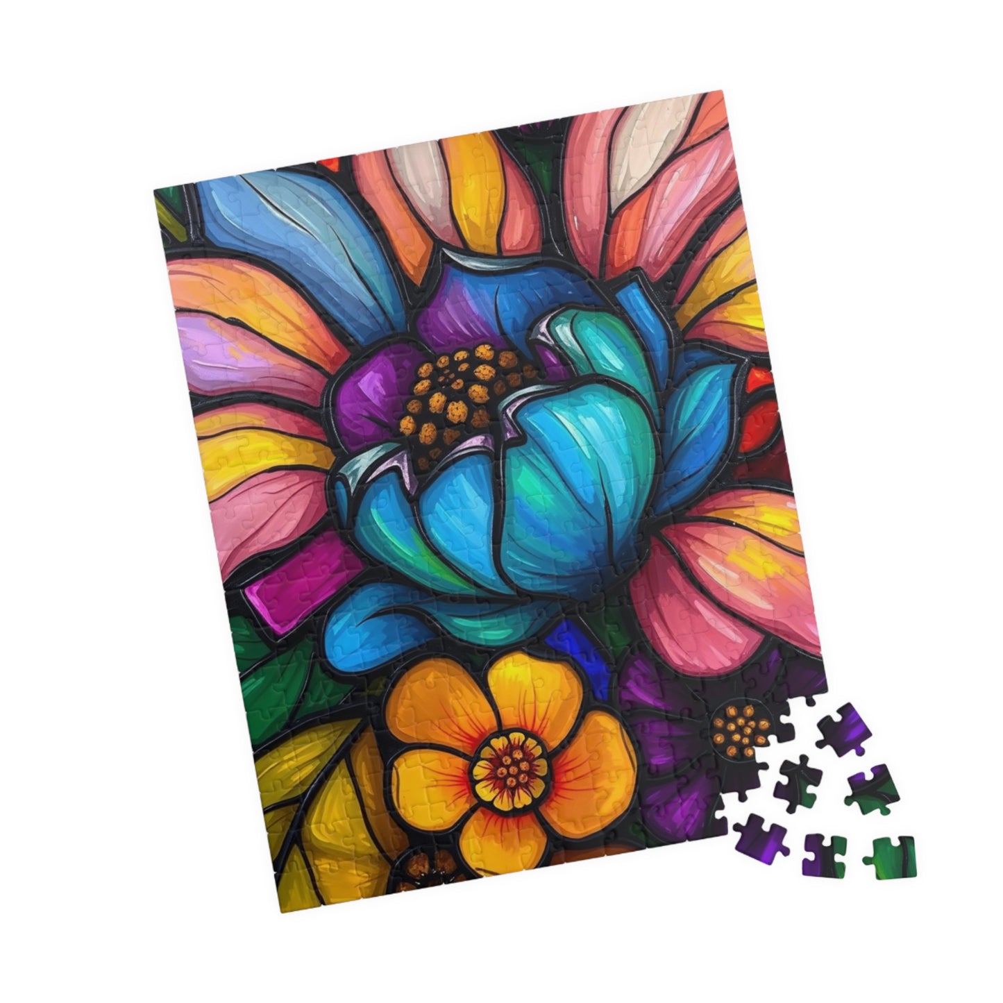 Floral Radiance Jigsaw Puzzle - Stained Glass Style 110-1014 piece, Art Therapy, Gift for Flower Lover, Family Game Night, Fun Home Activity
