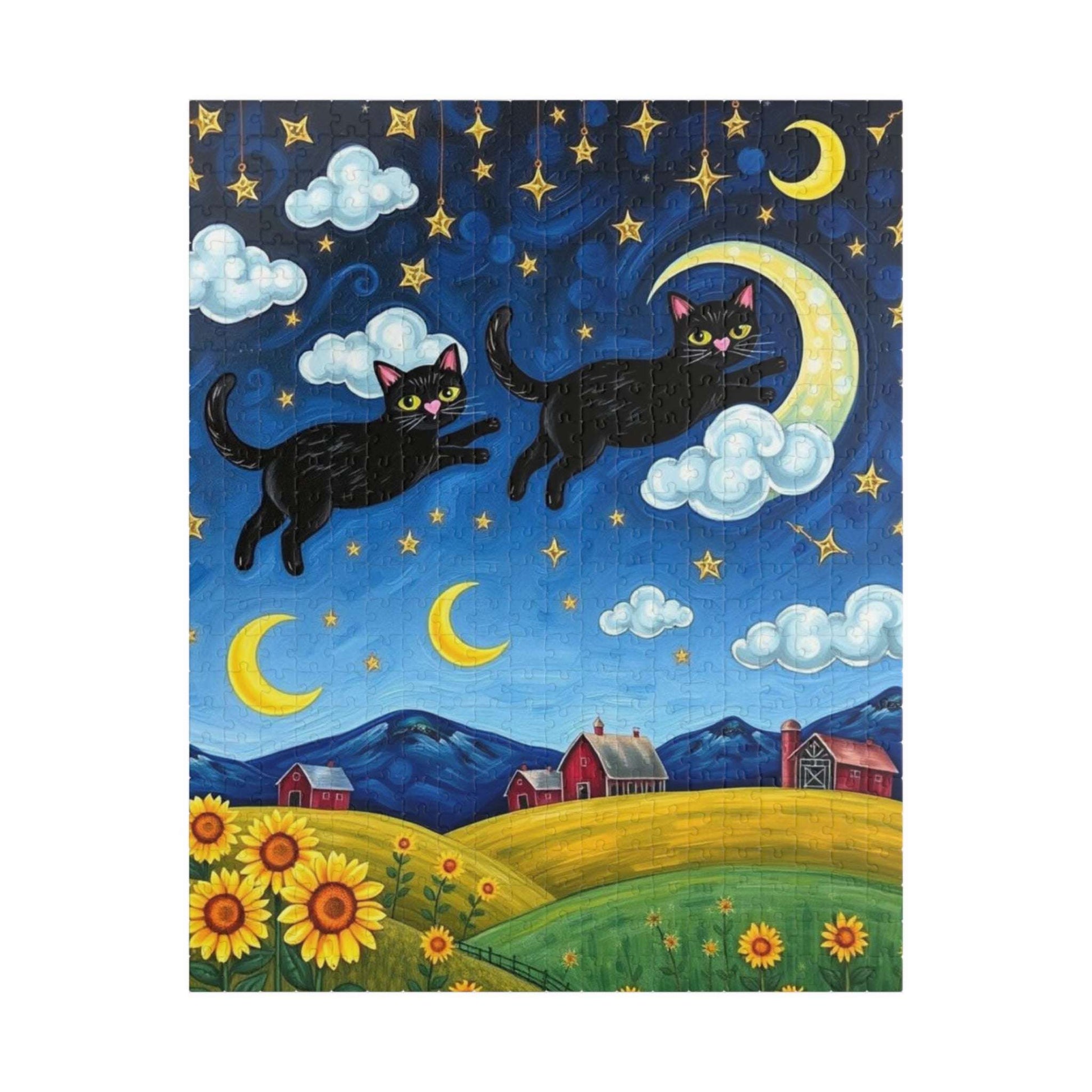 Starry Cat Chase Jigsaw Puzzle - Black Cats and Sunflowers, 110-1014 Piece Whimsical Cat Lover Gift, Brain Teaser Game, Indoor Hobby, Family