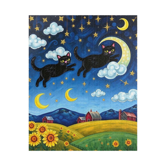 Starry Cat Chase Jigsaw Puzzle - Black Cats and Sunflowers, 110-1014 Piece Whimsical Cat Lover Gift, Brain Teaser Game, Indoor Hobby, Family