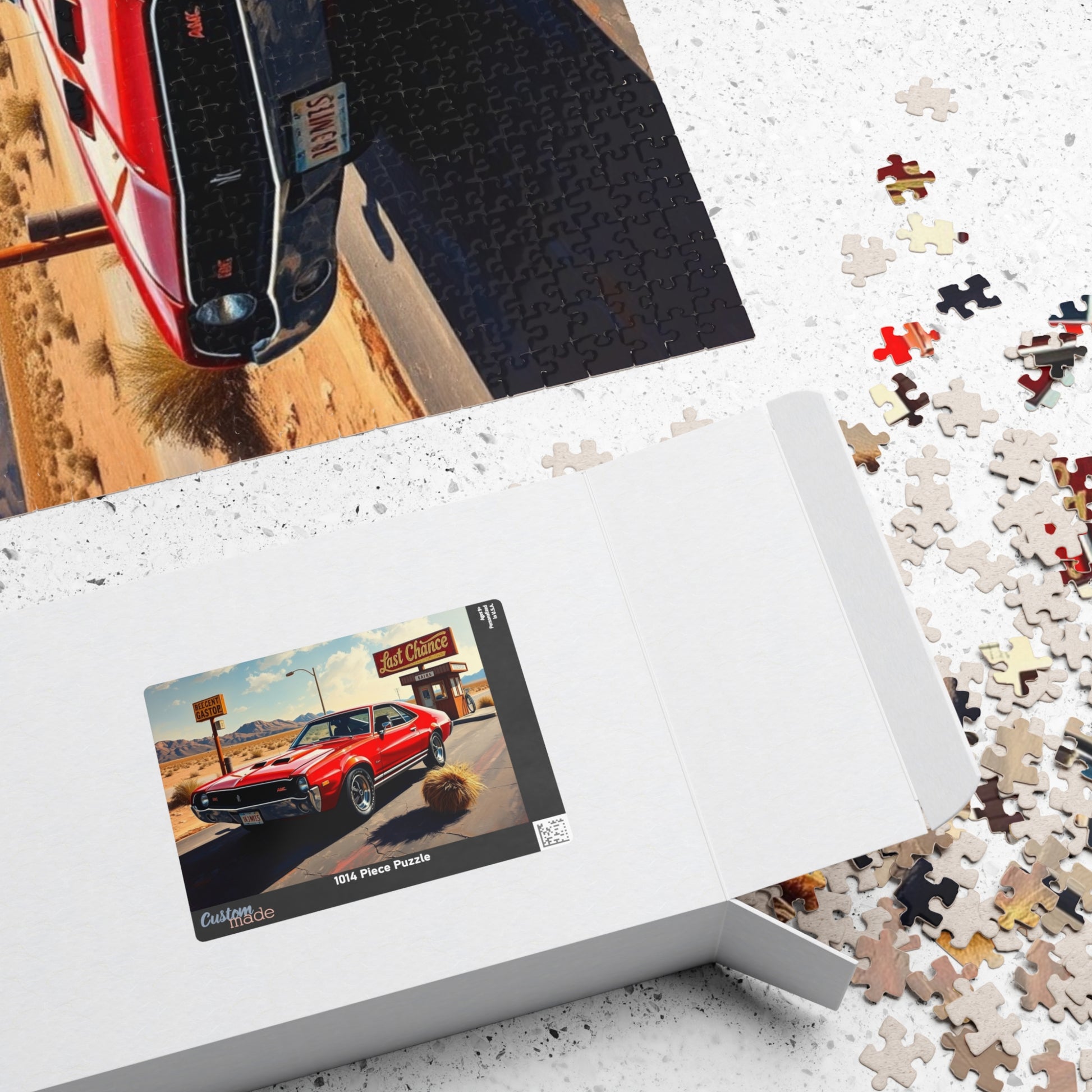 Vintage Car Puzzle, Classic Red 1969 AMC AMX, Desert Setting with Rusty Gas Sign and Tumbleweed, Retro Car Enthusiast Puzzle Lover Gift Puzzle The Puzzle Chest