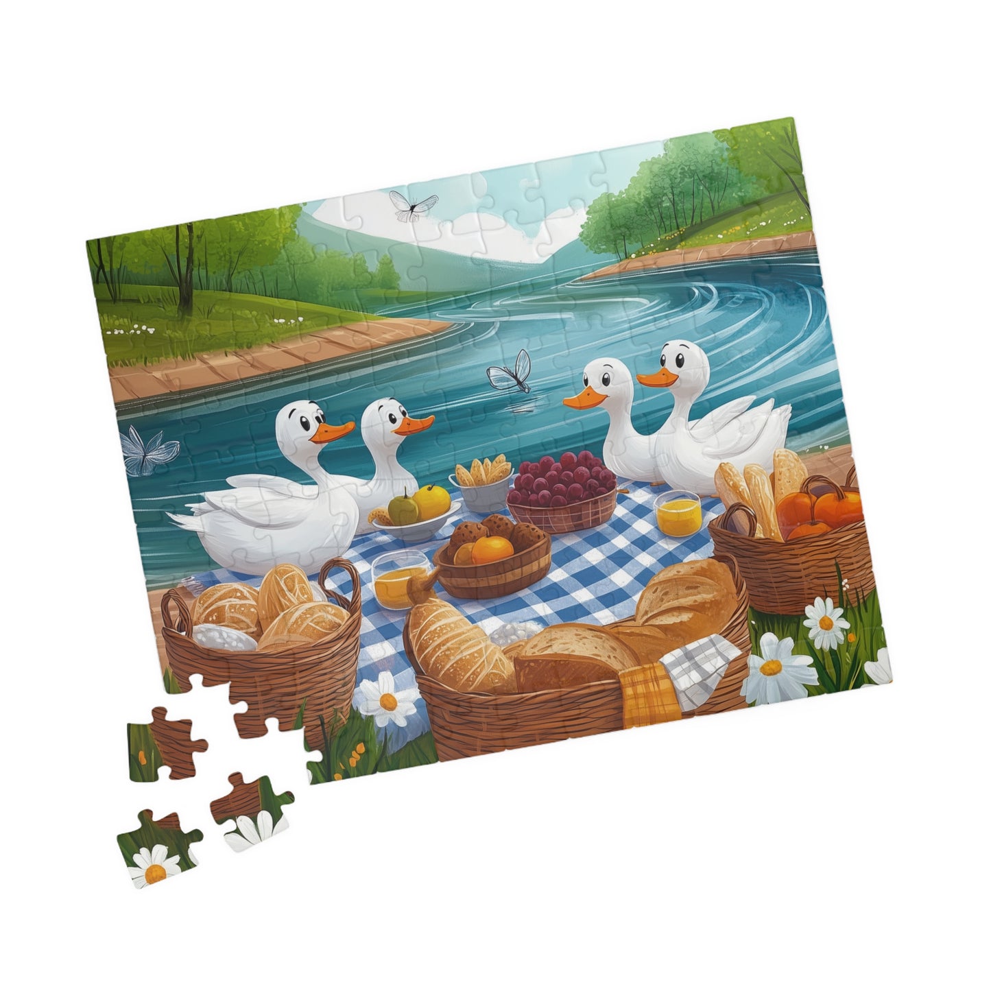 Duck Family Picnic Puzzle | Scenic River Picnic Animal Jigsaw Game 110 pcs (Horizontal) Puzzle The Puzzle Chest