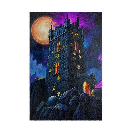 Ethereal Gothic Tower Puzzle, Electric Runes Black Cat Mystical Cauldron and Purple Mist, Magical Symbol Jigsaw Game, Fantasy Art Lover Gift 1014 pcs (Vertical) Puzzle The Puzzle Chest