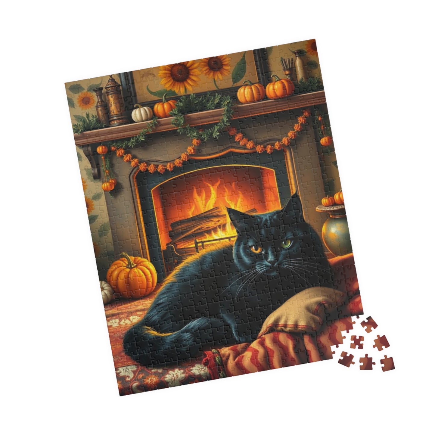 Hearthside Patch Paw Jigsaw Puzzle, Cozy Autumn Adult Folk Art Game with Black Cat and Pumpkins, Gift for Cat Lover, Fall Decor, Family Fun