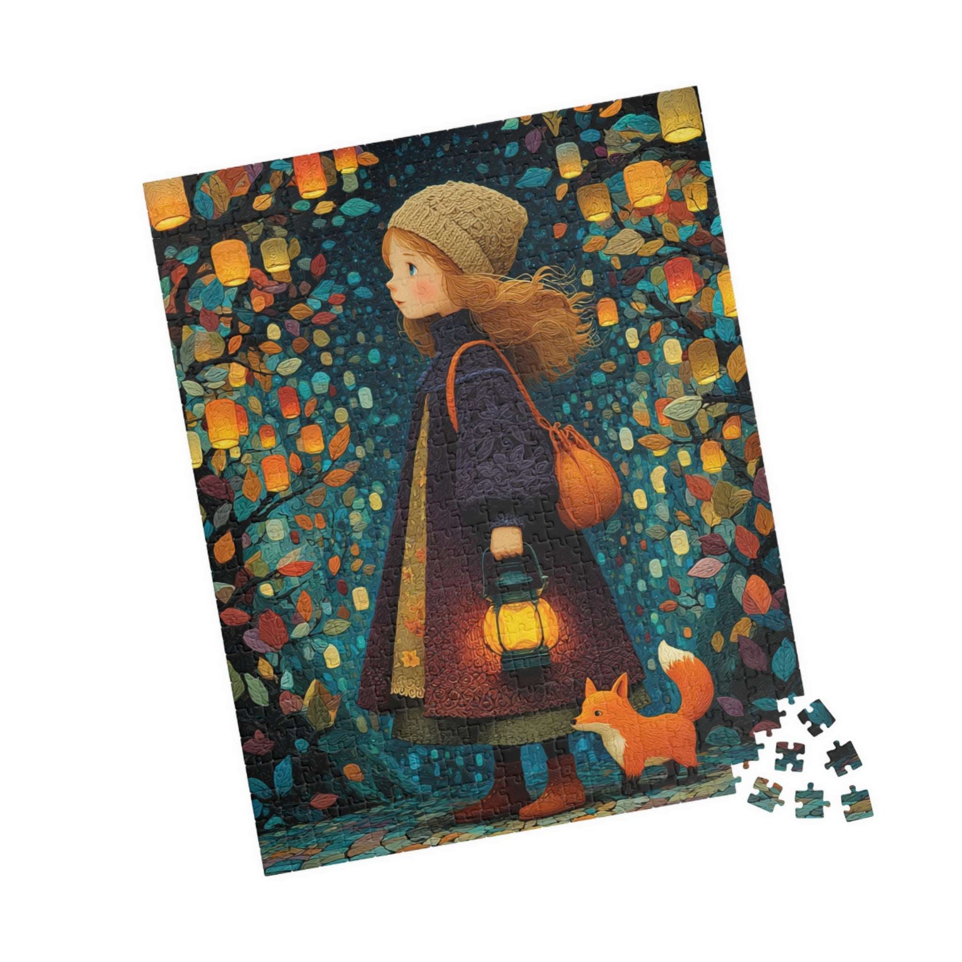 Lantern Path Jigsaw Puzzle – Whimsical Fall Puzzle for Adults, Girl with Fox and Pumpkin Lanterns 520 pcs (Vertical) Puzzle The Puzzle Chest