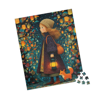 Lantern Path Jigsaw Puzzle – Whimsical Fall Puzzle for Adults, Girl with Fox and Pumpkin Lanterns 520 pcs (Vertical) Puzzle The Puzzle Chest