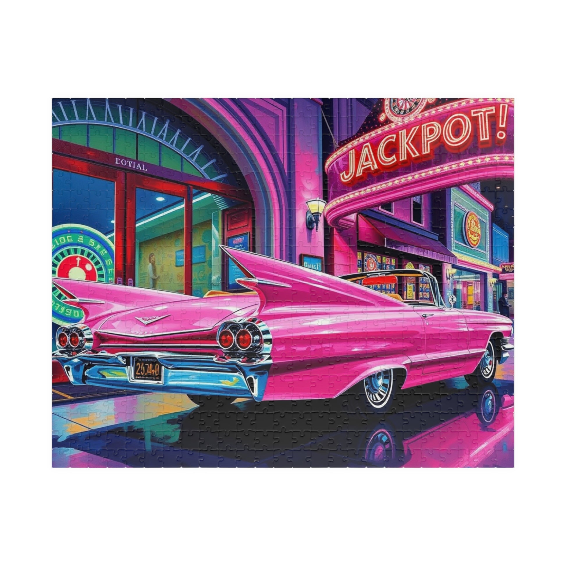Vintage Car Puzzle - 1959 Pink Eldorado, Retro Casino and Classic Vehicle Scene 520 pcs (Horizontal) Puzzle The Puzzle Chest