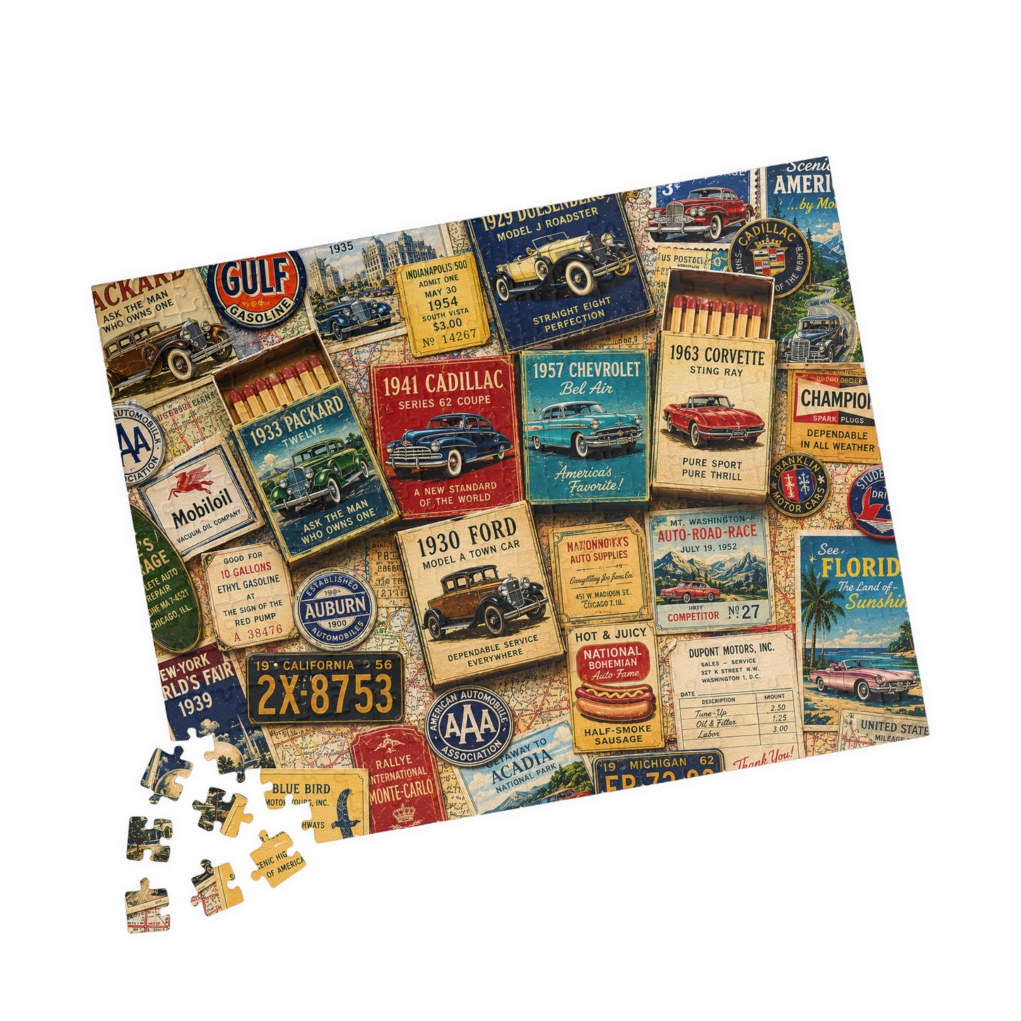 Vintage Car Matchbook Puzzle | Classic Automobile Memorabilia Jigsaw | Retro Road Trip Americana Motor Nostalgia 252 pcs (Horizontal) Puzzle The Puzzle Chest