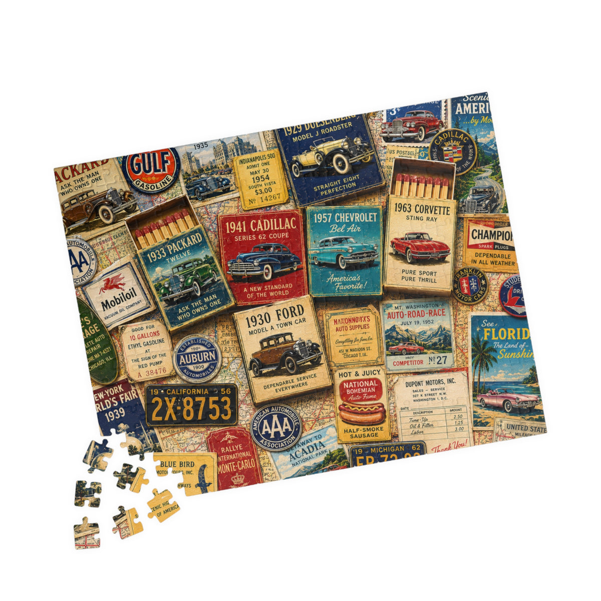 Vintage Car Matchbook Puzzle | Classic Automobile Memorabilia Jigsaw | Retro Road Trip Americana Motor Nostalgia 252 pcs (Horizontal) Puzzle The Puzzle Chest