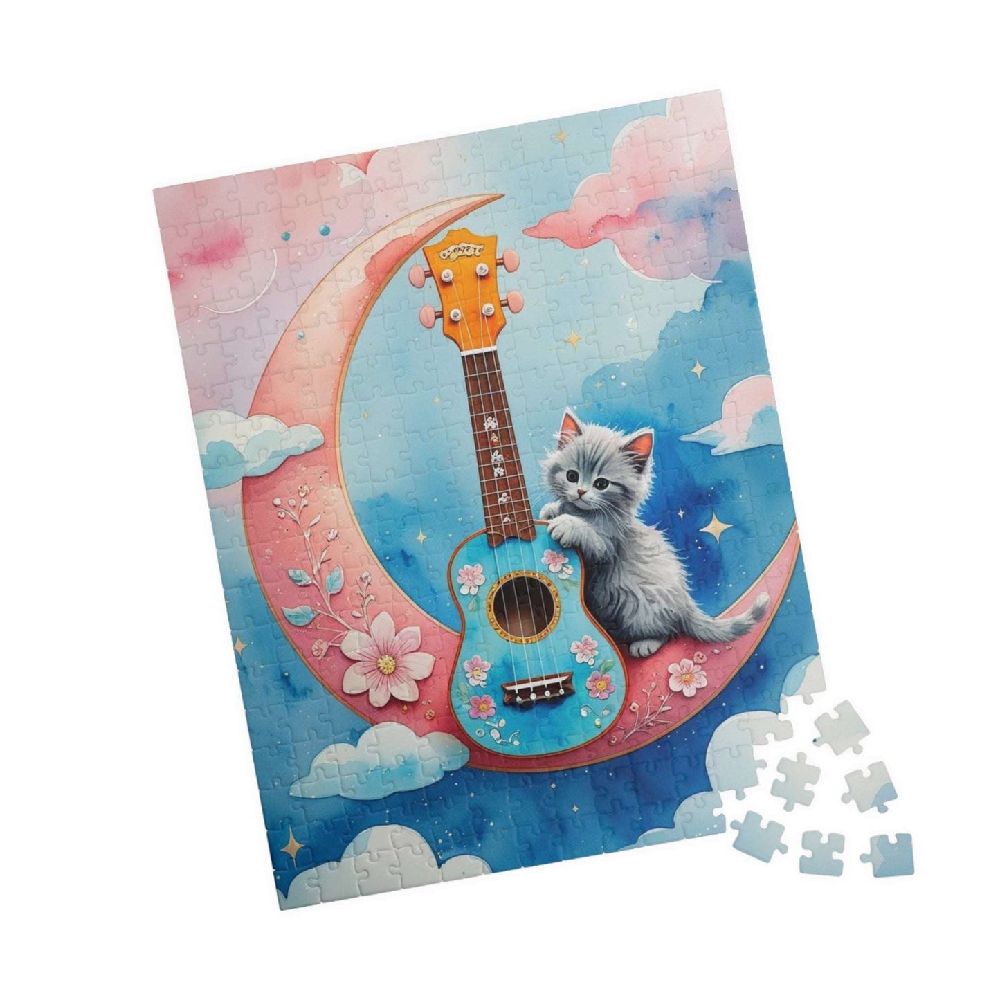 Whimsical Ukulele Cat on Crescent Moon Jigsaw Puzzle, Musical Theme Gift for Music Lover Musician Music Teacher and Cat Fan, Indoor Activity